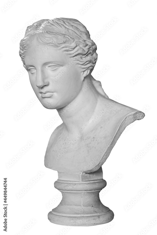 Gypsum copy of ancient statue Venus head isolated on white background. Plaster sculpture woman face Gypsum copy of ancient statue Venus head isolated on white background. Plaster sculpture woman face