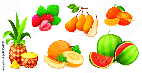 Fototapeta Naklejka Na Ścianę i Meble -  Ripe fruit composition or composing. Vitamin vector set of pineapple, strawberry, pear, tangerine, melon and watermelon. Whole and sliced juicy fruits. Healthy nutrition.