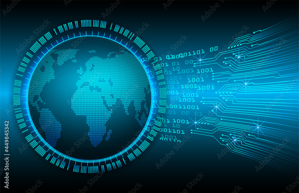 world binary circuit board future technology, blue hud cyber security concept background
