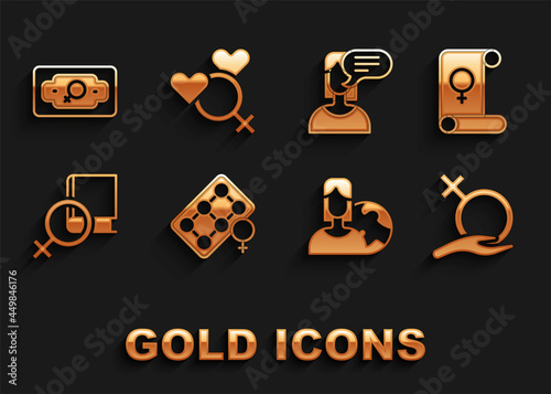 Set Packaging of birth control pills, Feminism, Female gender, Women from different countries, Book about women, opinion, Money growth woman and icon. Vector
