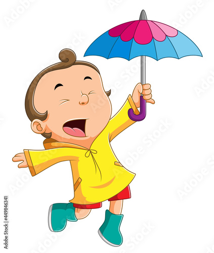 The boy with the rain cloth is holding the umbrella