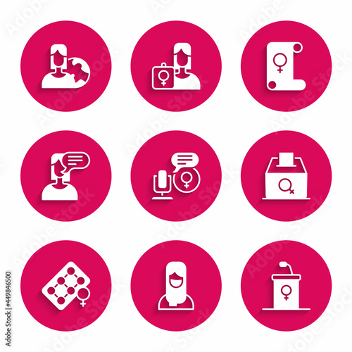 Set Microphone, Muslim woman in hijab, Debate podium rostrum, Female vote right, Packaging of birth control pills, opinion, Feminism and Women from different countries icon. Vector