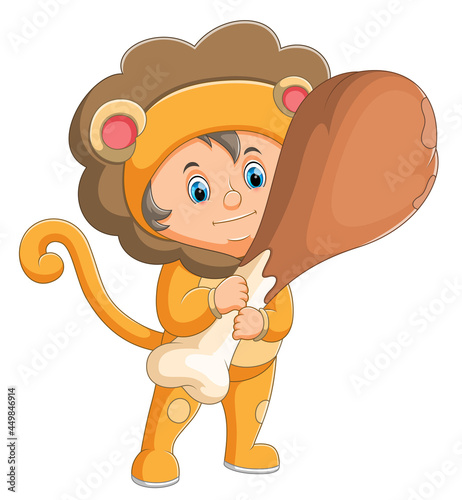 The boy with the lion costume is holding the chicken thighs