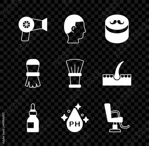 Set Hair dryer, Hairstyle for men, Gel wax hair styling, Oil bottle, care treatment, Barbershop chair, Shaving brush and icon. Vector