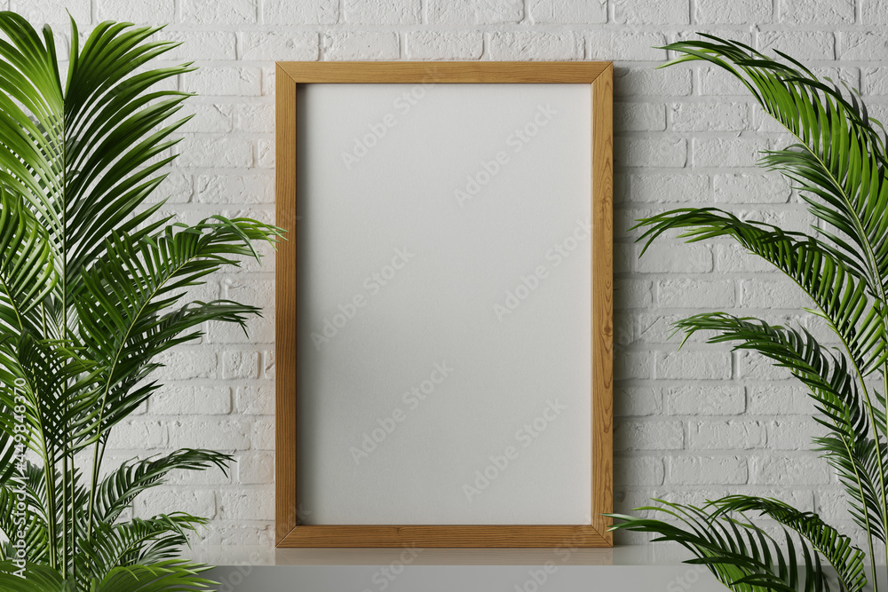 3d rendering of a standard 24 x 36 inch standing with canvas paper for poster or artwork mockup with walnut wood frame on the white clean surface in minimal cozy natural white brick interior 3d rendering of a standard 24 x 36 inch standing with canvas paper for poster or artwork mockup with walnut wood frame on the white clean surface in minimal cozy natural white brick interior
