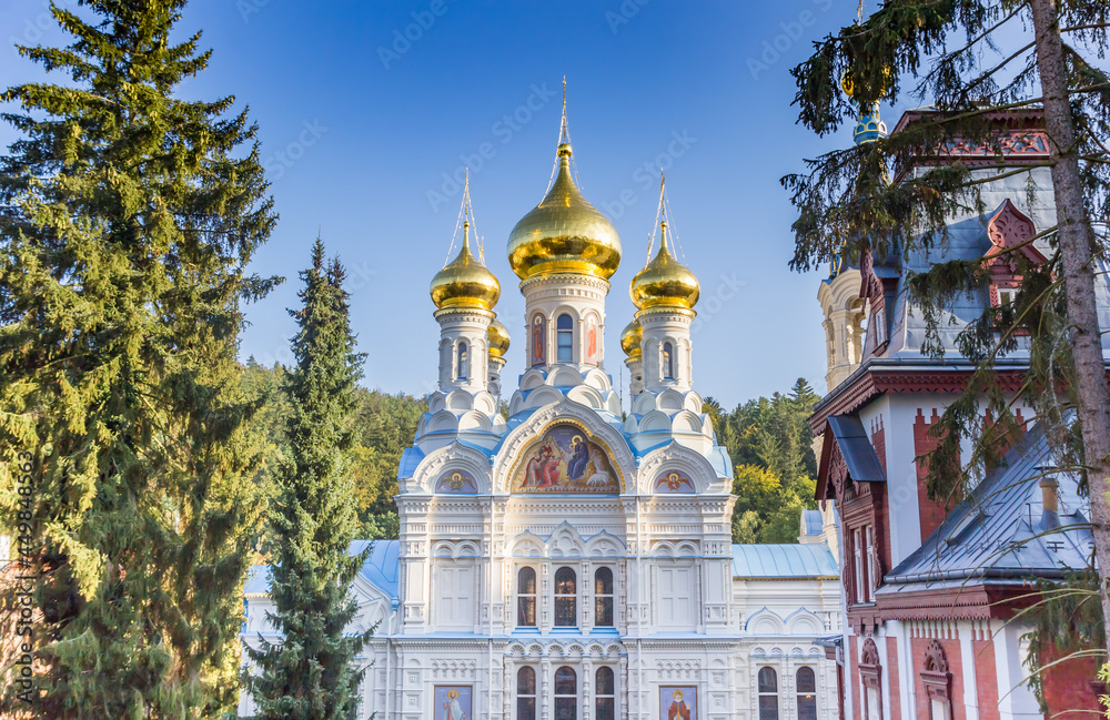 Front facade and golden domesof the Russian church in Karlovy Vary, Czech Republic