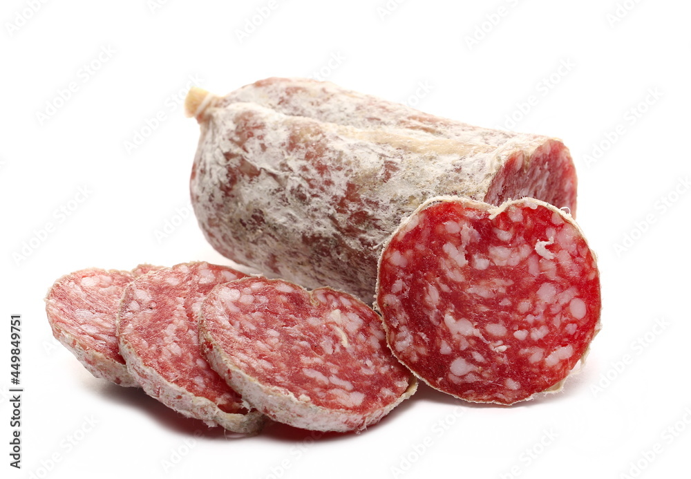 Fermented semi-hard dried sliced sausage, pig meat isolated on white background Fermented semi-hard dried sliced sausage, pig meat isolated on white background