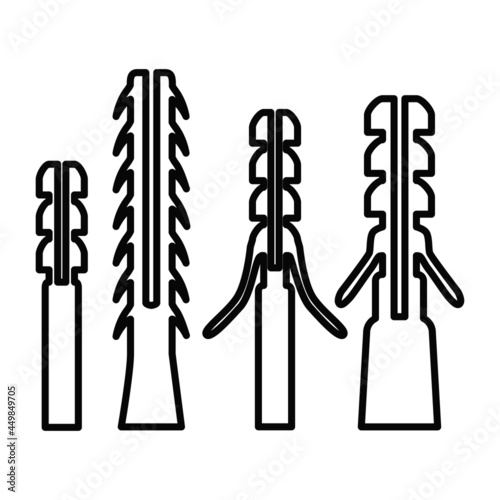 Icon set of construction dowel. Part for fixing screws in various materials. Construction and repair tools. Vector illustration isolated on a white background for design and web.