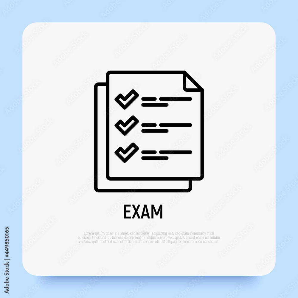 Exam thin line icon: list with check marks. Modern vector illustration. Exam thin line icon: list with check marks. Modern vector illustration.