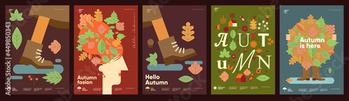 Autumn. A set of simple flat vector illustrations. Background patterns hello autumn, autumn sale, seasons. Perfect background for banner, poster, flyer, cover.
