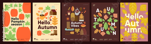 Autumn. A set of simple flat vector illustrations. Background patterns hello autumn, autumn sale, seasons. Perfect background for banner, poster, flyer, cover. photo