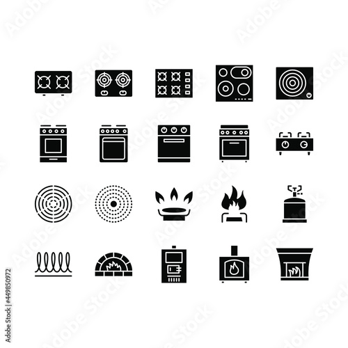 Stove flat line icons set. Contains such Icons Burner, Oven, Cooker, Camping gas, wood burning stove, brick oven. Simple flat vector illustration for web site or mobile app