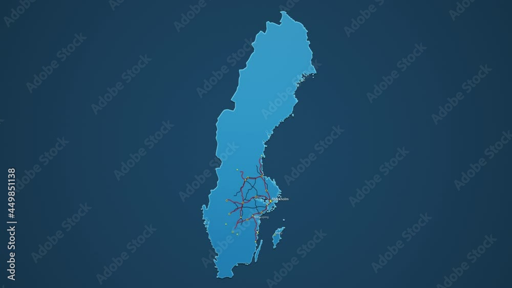 Light blue map of Sweden with cities, roads and railways on a dark blue background. 4K Animation with alpha channel
