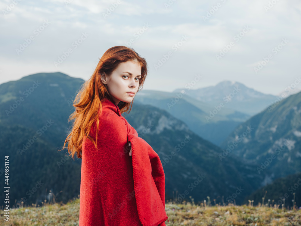 woman with red plaid Cool air mountains nature