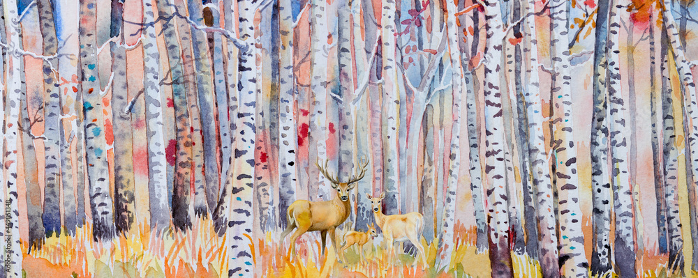 Watercolor painting colorful autumn trees of forest, aspen.