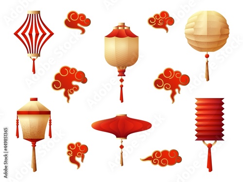 Chinese lanterns. Hanging lantern, red gold night lights. Holiday traditional asian symbols, japanese korean lamps and clouds swanky vector set