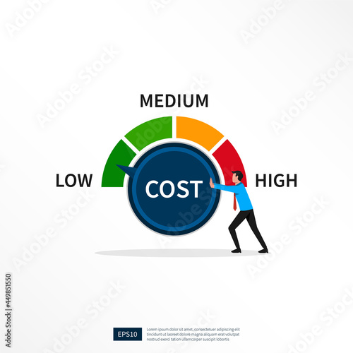 Businessman turning cost dial to a low illustration. Cost reduction, cost cutting and efficiency concept photo