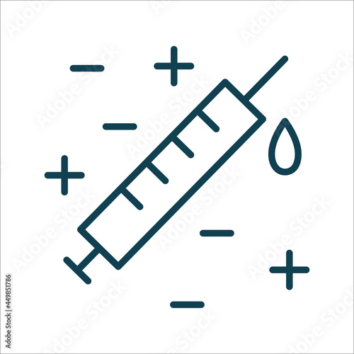 Syringe with drop line icon isolated. Editable stroke symbol. Vaccines against virus, vaccination sheldule, anti vaccine, shield virus. Flu, hepatitis, measles covid prevention