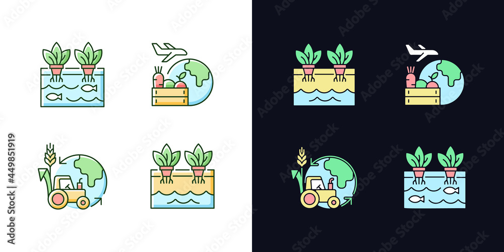Environmental farming light and dark theme RGB color icons set. Innovative plants growth without soil. Isolated vector illustrations on white and black space. Simple filled line drawings pack