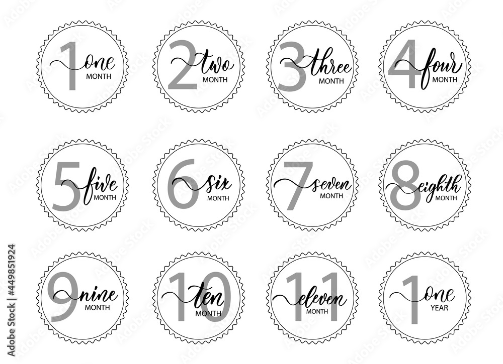 Vector set of stickers for children from birth to one year with smooth line calligraphy. It can be used for photo shoots stickers for nursery cards, posters, invitations Vector set of stickers for children from birth to one year with smooth line calligraphy. It can be used for photo shoots stickers for nursery cards, posters, invitations