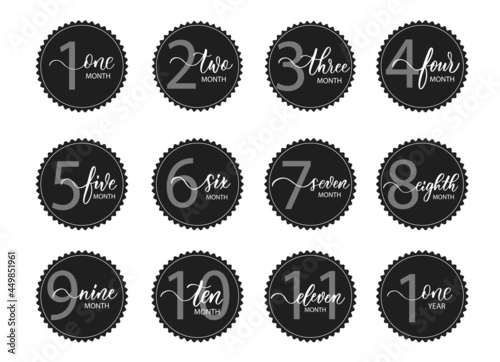 Vector set of stickers for children from birth to one year with smooth line calligraphy. It can be used for photo shoots stickers for nursery cards, posters, invitations