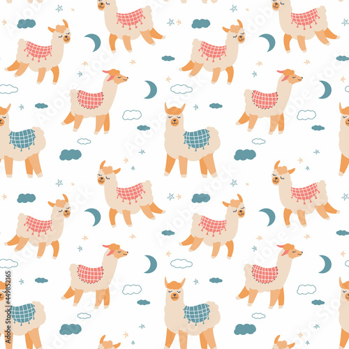 Seamless pattern with sleeping llamas on a light background.