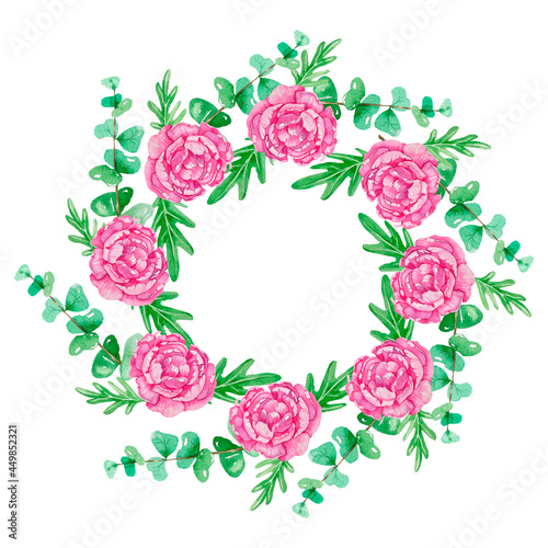 A watercolor frame made of pink flowers and green eucalyptus leaves for your product design.