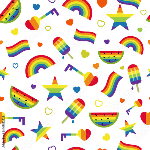 Lgbt seamless pattern with colorful rainbow, icecream, watermelon, star, heart vector illustration. Lgbtq people rights concept. Pride community related elements on black background fabric, textile