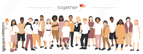 Together banner. Children of different ethnicities stand side by side together. Flat vector illustration.