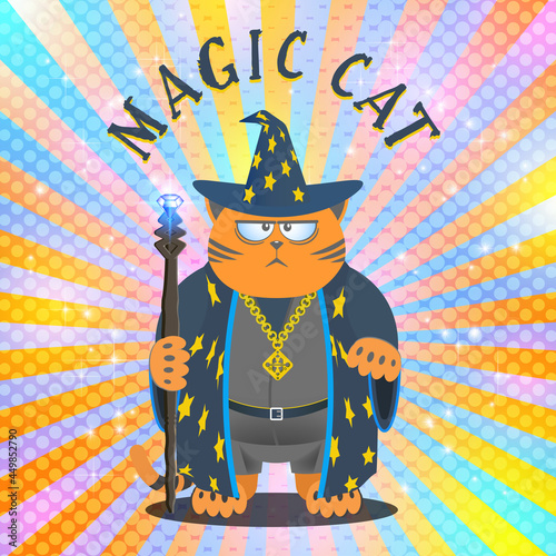 Magic cat. A displeased and serious fat ginger cartoon puss, a wizard with a staff on a bright glowing radiant background