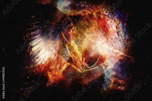 beautiful shamanic girl playing on shaman flute on abstract structured space background. © jozefklopacka