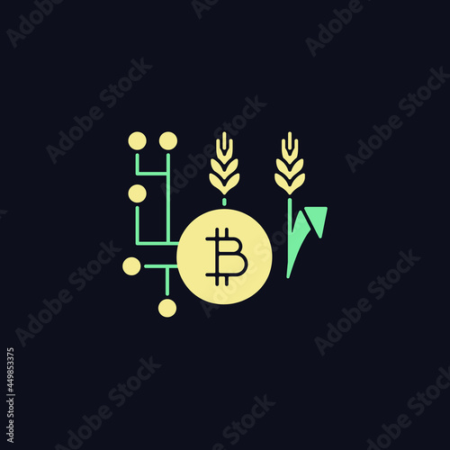 Blockchain technology in agriculture RGB color icon for dark theme. Innovative payment. Smart agriculture. Isolated vector illustration on night mode background. Simple filled line drawing on black