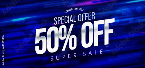 Limited time special offer 50 percent super sale banner. Promotion discount poster template announcing half price reduction and great clearance vector illustration. Marketing and ecommerce