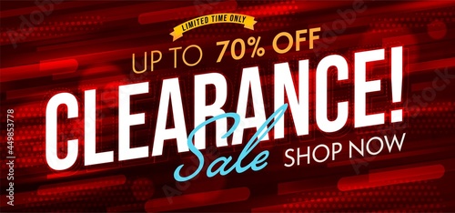 Clearance sale banner offer shop now with 70 percent off. Limited time special discount retail announcement. Commercial message information. Stock poster template vector illustration