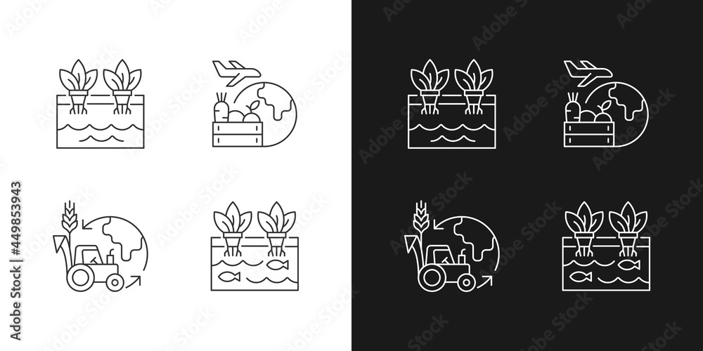 Agribusiness linear icons set for dark and light mode. Farm business risks and failures. Certified goods. Customizable thin line symbols. Isolated vector outline illustrations. Editable stroke