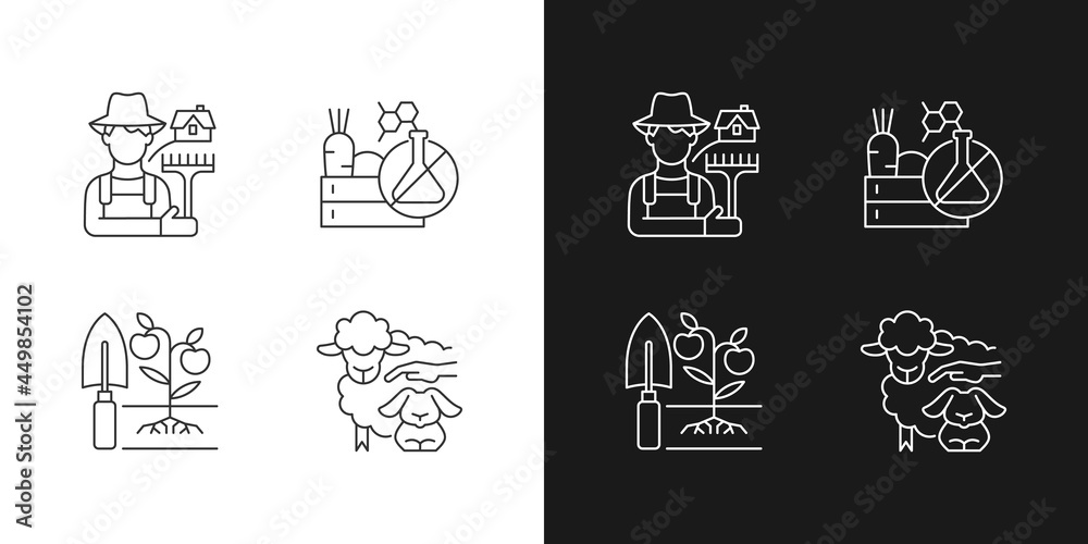 Agriculture and farming linear icons set for dark and light mode. Ecological innovation and technology. Customizable thin line symbols. Isolated vector outline illustrations. Editable stroke