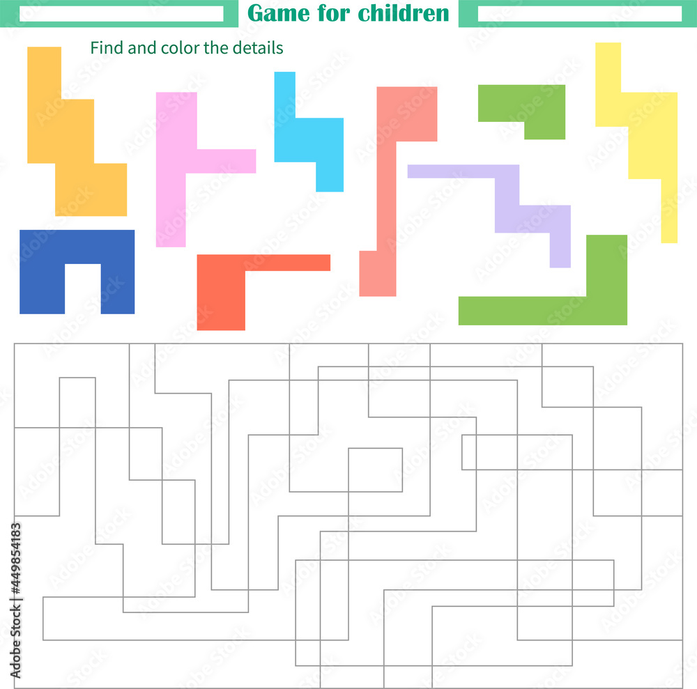 A game for children. Worksheet. Find and paint parts by sample color A game for children. Worksheet. Find and paint parts by sample color