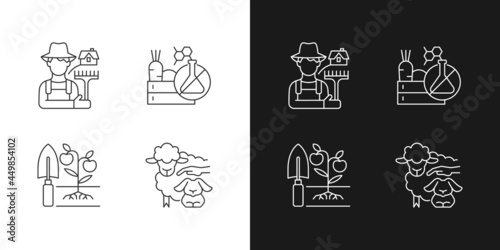 Agriculture and farming linear icons set for dark and light mode. Ecological innovation and technology. Customizable thin line symbols. Isolated vector outline illustrations. Editable stroke