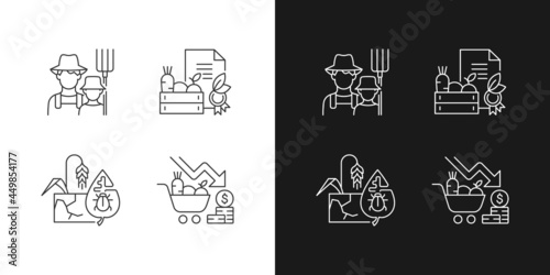 Environmental farming linear icons set for dark and light mode. Innovative plants growth without soil. Customizable thin line symbols. Isolated vector outline illustrations. Editable stroke