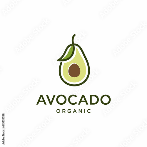 Avocado Fruit Logo With Leaf Line Art Vector Design Template