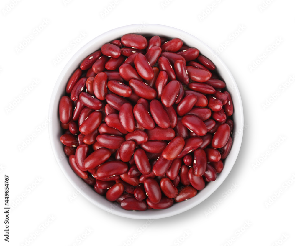 Red kidney beans in ceramic bowl isolated on white background. Top view Red kidney beans in ceramic bowl isolated on white background. Top view