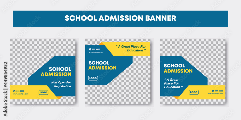 Set of three editable school admission minimal square banner template with blue and yellow color background. Students admission for social media post or web advertising. Vector illustration