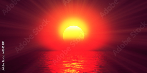 sunset sea sun ray clear sky. 3d rendering