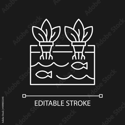 Aquaponics white linear icon for dark theme. Aquaculture plus hydroponics. Innovative ecosystem. Thin line customizable illustration. Isolated vector contour symbol for night mode. Editable stroke