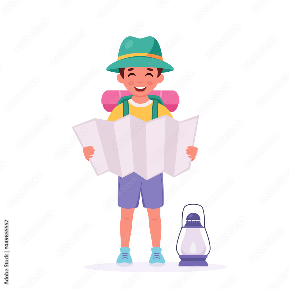 Little boy scout with map, backpack, sleeping bag. Camping concept. Summer kids camp. Vector illustration