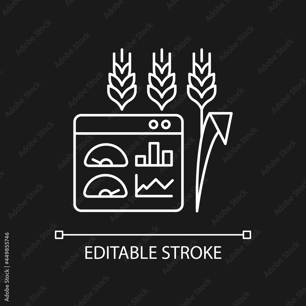Crop and soil monitoring and management white linear icon for dark theme. Monitoring soil quality. Thin line customizable illustration. Isolated vector contour symbol for night mode. Editable stroke Crop and soil monitoring and management white linear icon for dark theme. Monitoring soil quality. Thin line customizable illustration. Isolated vector contour symbol for night mode. Editable stroke