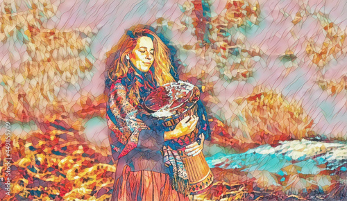 detail shamanic girl playing on drum in the nature.. Painting effect.