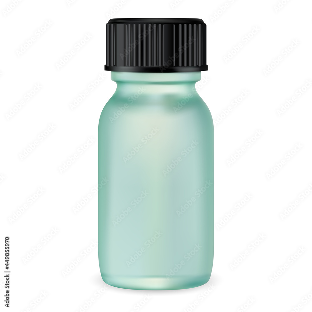 Essential oil glass container, small serum mockup, vector blank. Realistic supplement vial with black screw cap. Aromatherapy flacon concept, apothecary syrup, medical drug Essential oil glass container, small serum mockup, vector blank. Realistic supplement vial with black screw cap. Aromatherapy flacon concept, apothecary syrup, medical drug