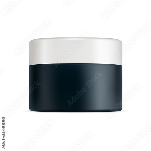 Plastic cream jar, white cap cosmetic container. Realistic round box for face skin gel. Makeup powder template, creme packaging canister blank. Charcoal wax, blush care jar