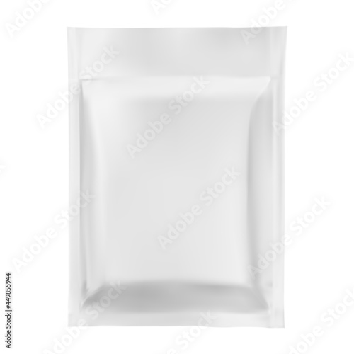 Foil sachet. Plastic pouch vector mockup, white template. Silver zipper packaging, biscuit or candy wrapper. Realistic flex soup food container. Chocolate sachet pack, little envelope